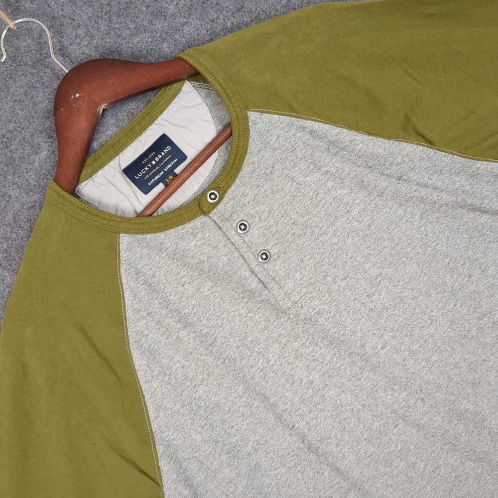 Lucky Brand Saturday Stretch Shirt Mens Large Gray Green Raglan Long Sleeve